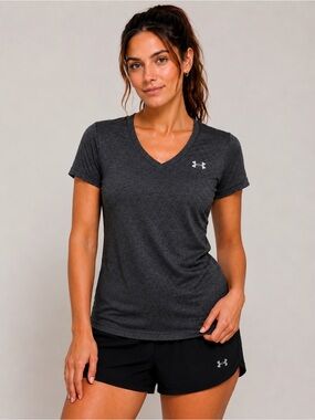Under Armour Women’s Large UA Tech V-Neck HeatGear Gray Running Workout T-Shirt